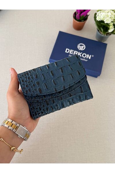 DERKON Navy Blue Melen Crocodile Patterned Genuine Leather Women's Wallet - Fitted Size