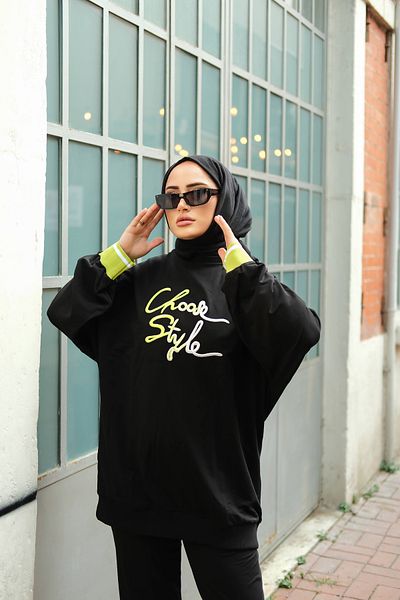 MİMİ Luxury Wear Μαύρο Κεντημένο Oversize Γυναικείο Σετ Φούτερ - 2 Κλωστές Lycra