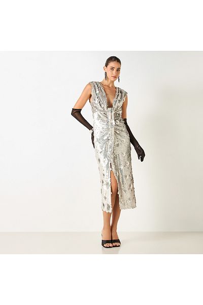 Iconic Sequin Embellished Sleeveless Dress With V-neck And Slit
