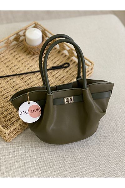 BAGLOVİS Mini Size Khaki Women's Shoulder Bag with Front Lock Detail