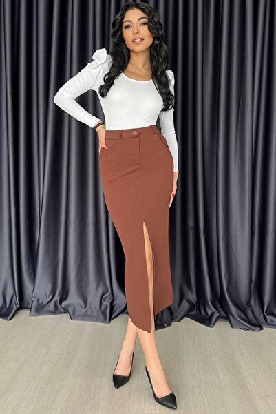 Mossta Fusta midi cu buzunar cu fante maro