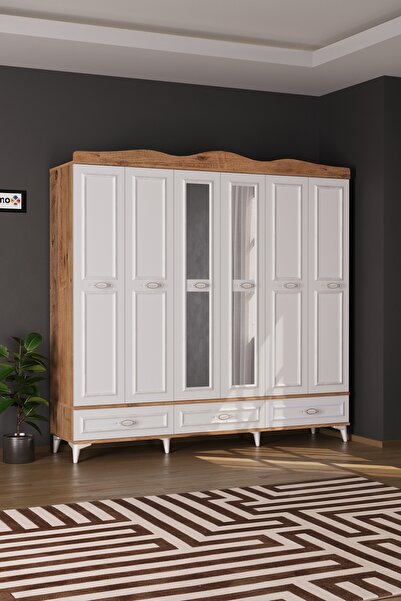 Evdemo Luna 6 Kapaklı 3 Çekmeceli Aynalı Gardırop Atlantik Çam