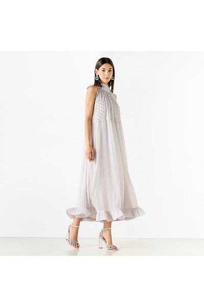 Iconic Embellished Sleeveless Midi Dress with High Neck and Flounce Hemline