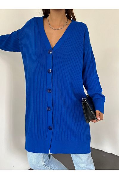 Modamorfo Ribbed Long Knitwear Cardigan - Blue, Buttoned