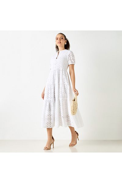 Lee Cooper All-over Schiffili Embroidered Dress With Puff Sleeves