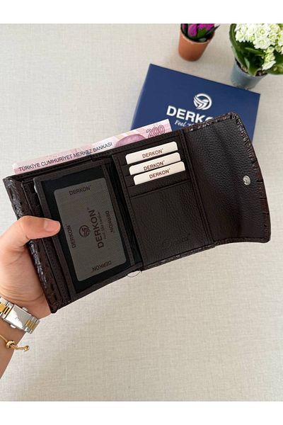 DERKON Women's Wallet - Genuine Leather, Melen Crocodile Pattern, Brown, Size That Can Fit Any Bag