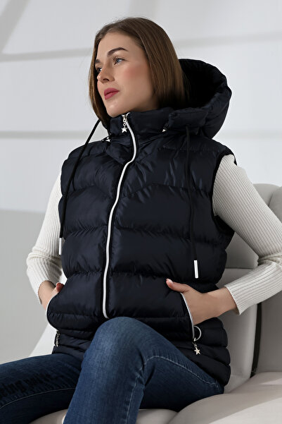 B.HE.Z Синій жіночий надувний жилет - знімний замок-блискавка, капюшон і внутрішні кишені