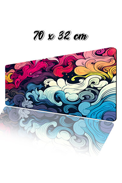 AsMat Paw Renkli Dalga Temalı Gamer Kaymaz Masa Üstü Oyun(Gaming) ve Rahat Çalışma Klavye Mause Padi 70*32 cm