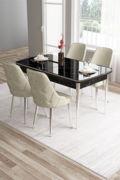 Canisa Tia Serisi 80x132 Mdf Açılabilir Siyah Mermer Desen Krom Detay Masa Ta...