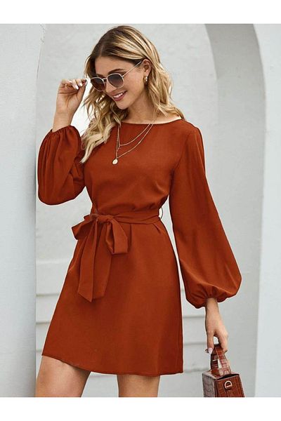gelirr Women's Long Sleeve Boat Neck Waist Belted Short Imported Crepe Dress