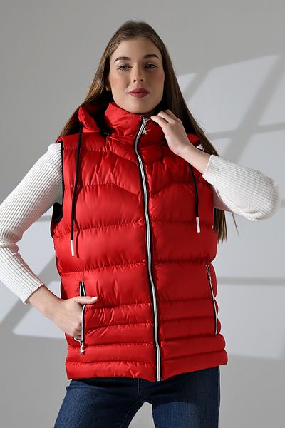 B.HE.Z Red Women's Inflatable Vest - Detachable Zipper, Hood, Inner Pocket and Lining