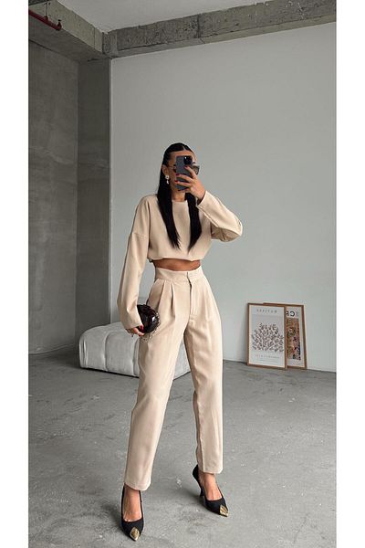 HELEBEK Petra Beige Crop Pants Set