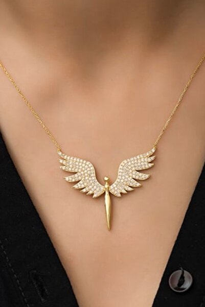 MAZEN Zarif Mikail Melek Kanadı Taş Detaylı Kolye 45 cm