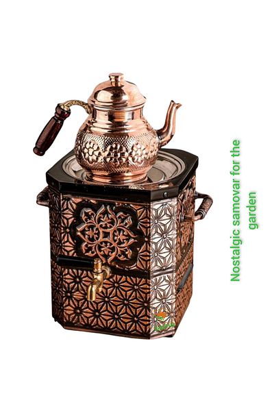 SAFİR ÇAY KAZANLARI Nostalgic Copper Samovar - with Gel Headset, for Garden and Balcony, Teapot and Sapphire Samovar