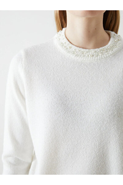 LC Waikiki LCW Vision Ekru Bisiklet Yaka Taşlı Kadın Triko Kazak