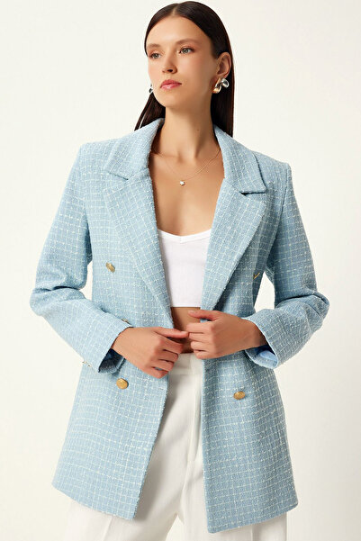 MissThetis Çentikli Yaka Uzun Kol Çift Kapaklı Cepli Astarlı Gold Düğmeli Şık...