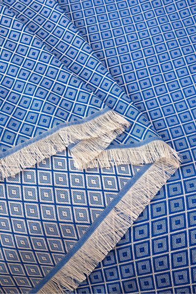 Denizli Concept Blue Double Diamonds Pike - 100% Cotton - Multi-Purpose Geometric Patterned Bedspread