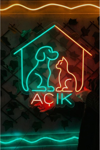 HM NEON LİGHT PetShop Veteriner Kliniği Açık Yazılı Neon Led Tabela