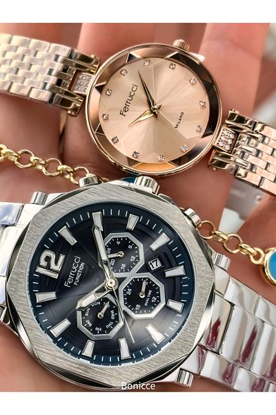 Ferrucci Steel Cord Silver Rose Color, Lover Watches + Rosary Bracelet