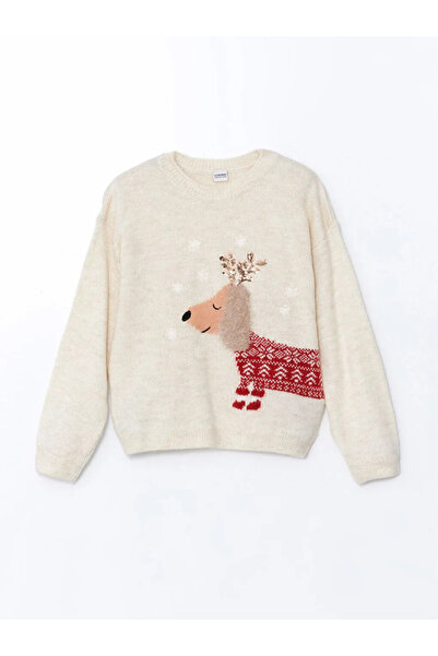 LC Waikiki LCW Kids Ecru Crew Deck Pulover pentru fete cu tematică de Anul Nou