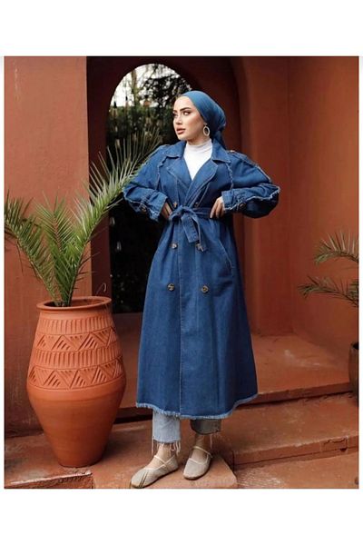 OlaLady Trenci de damă cu ciucuri, cu nasturi, blugi din denim