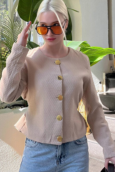 CoolLook Sıfır Bisiklet Yakalı Uzun Kollu Kuşaklı Metal Gold Düğmeli Dokulu K...