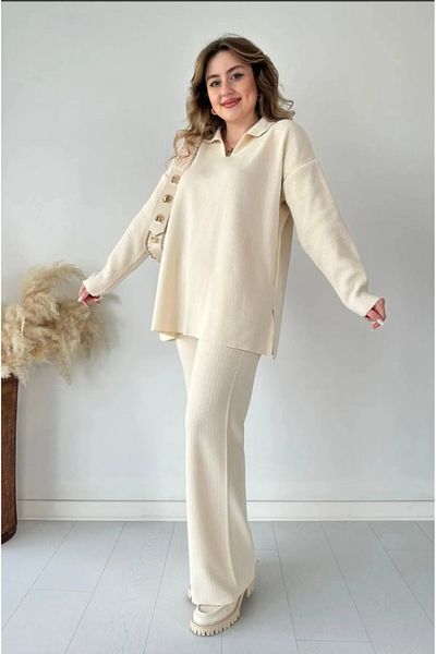 banessa Women's Knitwear Set Polo Neck Sweater and Trousers