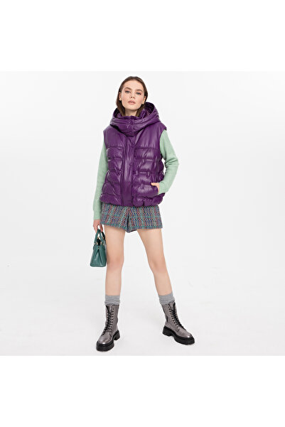 Desa Anitra Purple Women's Hooded Puffer Leather Vest