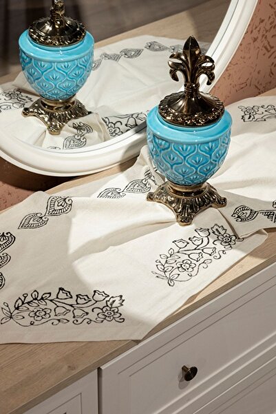 RH Rosehan Etnik Desenli Doğal Pamuk Keten El Baskısı Badem Runner