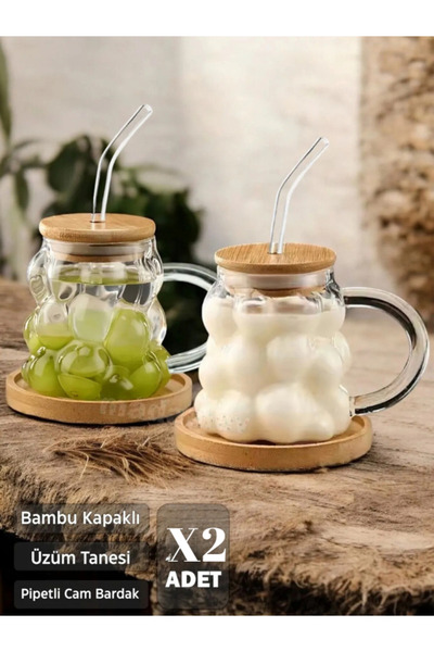 Vetrilexhome 2'li Bambu Kapaklı Üzüm Tanesi Boncuk Bardak 350ml Isıya Dayanık...