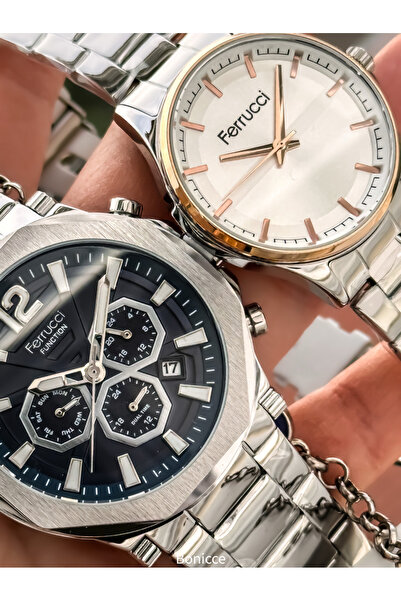 Ferrucci Brand Steel Cord, Silver Color, Couple Lover Watches + Rosary Bracelet