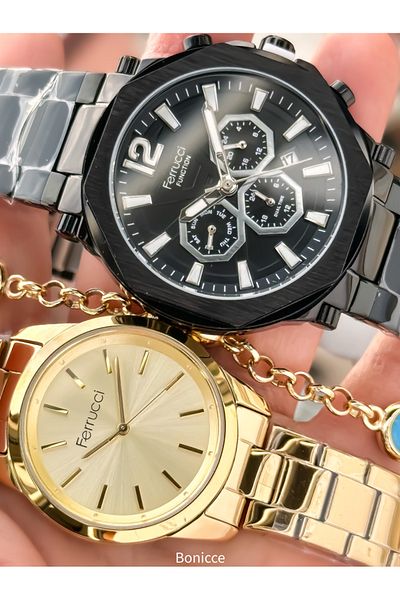 Ferrucci Brand Steel Cord, Silver Yellow Color, Couple Lover Watches + Rosary Bracelet