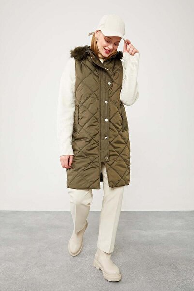 Levidor Khaki Fur Hooded Inflatable Vest