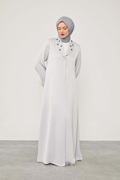 Levidor Ferace with Stone Embroidery and Gray Feather Detail