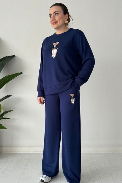 Ded COLLECTION Women's Modal Fabric Comfortable Fit Long Sleeve Teddy Bear Embroidered Double Suit