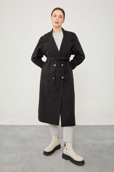 Levidor Siyah Çizgili Desen Kuşak Kapamalı Trençkot