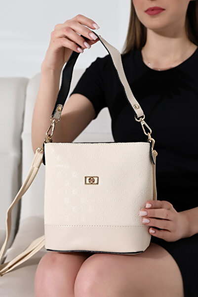 Encool Krem Kova Model Baskılı-dokulu Kadın Çanta Tek Gözlü Çapraz Askılı Omuz Ve El Çantası Şık Modern
