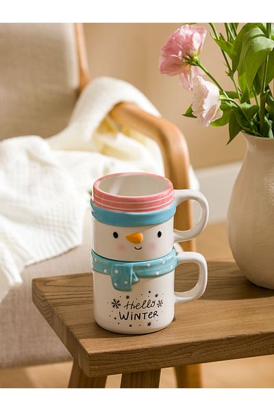 LC Waikiki Ecru Snowman Printed Christmas Themed Ceramic Mug Pack of 2 340 ml