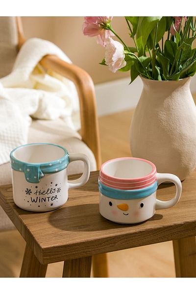 LC Waikiki Ecru Snowman Printed Christmas Themed Ceramic Mug Pack of 2 340 ml