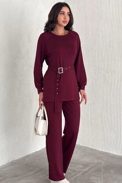 Ded COLLECTION Set de pantaloni largi, tunică cu mânecă lungă, cu centură din material modal pentru femei