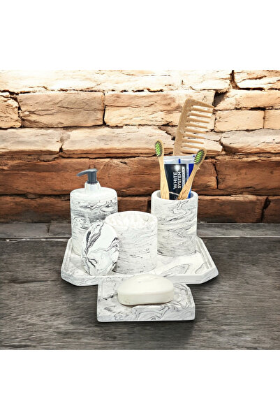 Chiko Mall Elegan Marble Patterned Concrete Bathroom Accessory Set (5 Pieces)