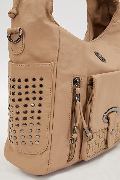 Levidor Κρεμ τσάντα ώμου με στίπτες στα πλαϊνά