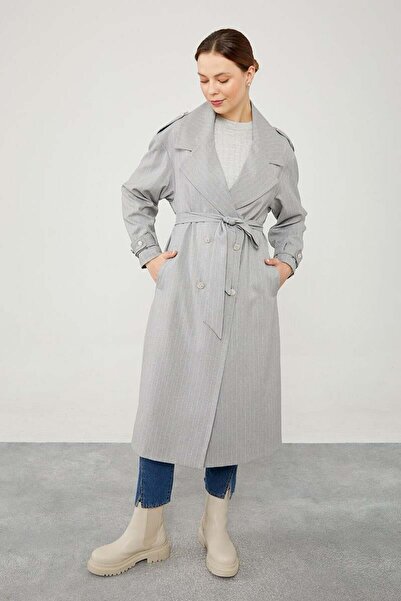 Levidor Καμπαρντίνα με γκρι ριγέ μοτίβο με κούμπωμα με ζώνη