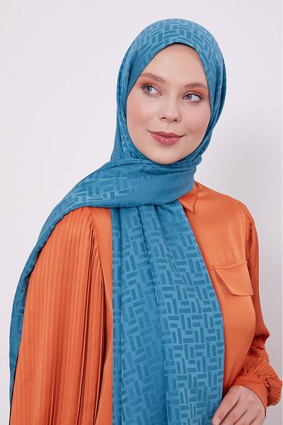 Levidor Şal jacquard albastru cu model verde petrol