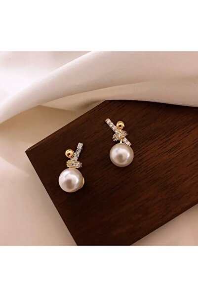 Accessories Vanilla Avenue Şık Inci Detaylı Işıltılı Gold Kadın Küpe