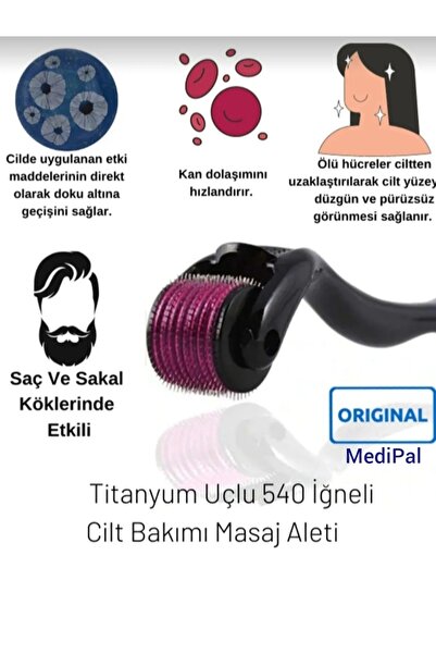MediPal Dermaroller Titanyum Uçlu 1 Mm 540 Iğneli - Iğneli Cilt Yüz Vücut Yenileme Masaj Aleti