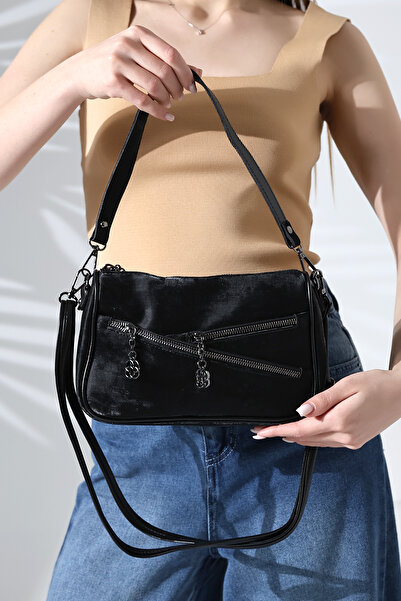 Encool Siyah Süet Yumuşak Dokulu Fermuar Detaylı Çapraz Askılı Omuz Ve El Çantası Şık Modern Tasarım