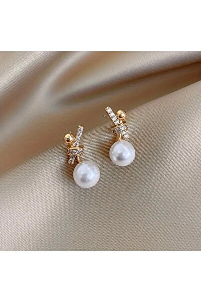 Accessories Vanilla Avenue Şık Inci Detaylı Işıltılı Gold Kadın Küpe