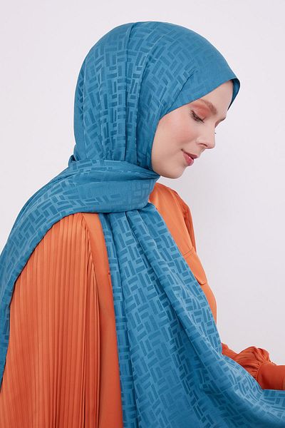 Levidor Şal jacquard albastru cu model verde petrol