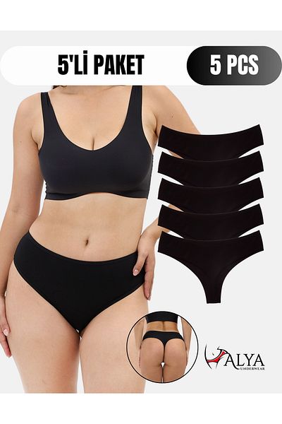 ALYA UNDERWEAR Chiloți de damă cu talie înaltă, adunare, tanga - 5 bucăți negru (S, M, L, XL, 2XL) - 5 bucăți